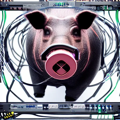 Image similar to a portrait photograph of a big aggressive male cyberpunk pig, circuit boards, motherboard, mainboard, wires, cable management, electrical wires, activity lights, cyberpunk, artstation, detail, hyperrealistic, digital photograph, natural light canon eos c 3 0 0, ƒ 1. 8, 3 5 mm, 8 k