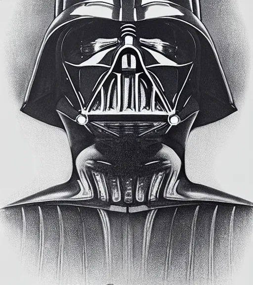 Prompt: black-and-white portrait of Darth Vader by H. R. Giger; realistic-lighting