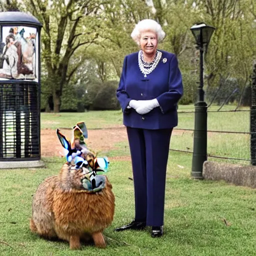 Image similar to a rabbit posing with Queen Elizabeth II in a park