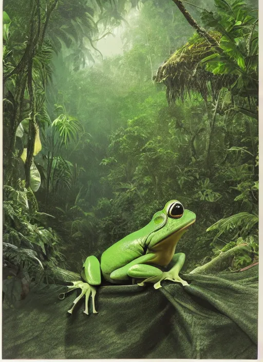 Image similar to a beautiful matte painting of a green frog in the jungle, kambo