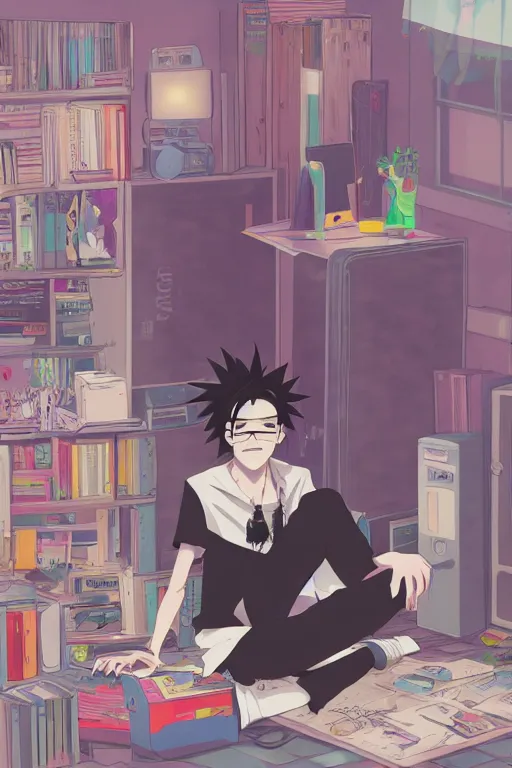 Prompt: anime goth guy sitting on the floor of a cluttered 9 0 s bedroom reading a book, vaporwave colors, lo - fi, concept art, smooth, detailed, toon shading, cel shading, animation, 4 k, hd,