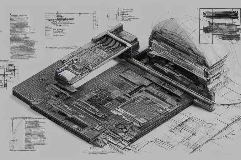 Image similar to schematic diagram of Black Mesa, built, book, page, detailed, cross section, trending on artstation, cgsociety, Ralph McQuarrie and Greg Rutkowski