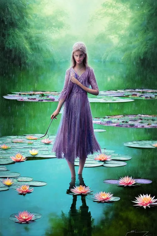 Image similar to light teal portrait in the rain on pond with waterlilies, fantasy, intricate, elegant, dramatic lighting, emotionally evoking symbolic metaphor, highly detailed, lifelike, photorealistic, digital painting, artstation, concept art, smooth, sharp focus, illustration, art by John Collier and Albert Aublet and Krenz Cushart and Artem Demura and Alphonse Mucha