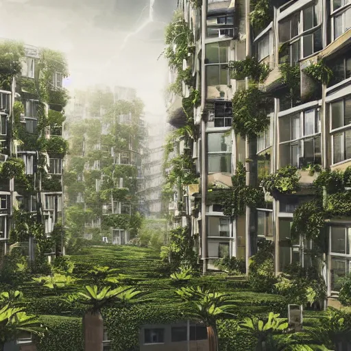 Image similar to Many buildings, covered plants, surviving humans, melancholy, future, high detail