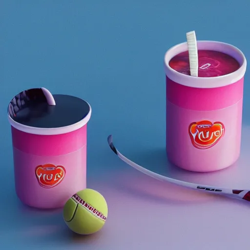 Image similar to three cups of yougurt jats next to a tennis racket, a stock photo by pia fries, trending on pinterest, lyco art, y 2 k aesthetic, vaporwave, aesthetic, side view, vray tracing, octane render