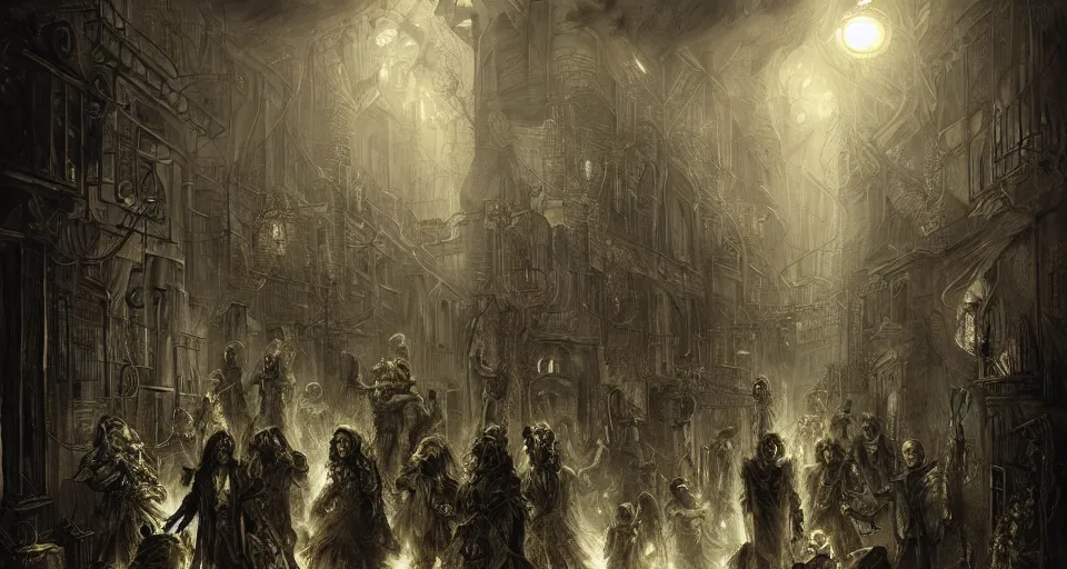 Prompt: a beautifully horrific ultra - detailed lovecraftian painting of steampunk demons gathered in the night time alleyway, illuminated by volumetric lighting, in the style of francisco goya, trending on artstation