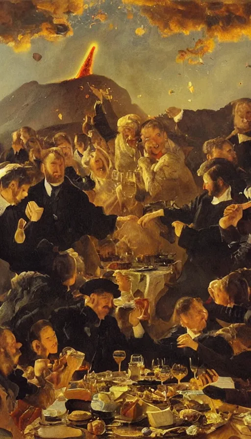 Prompt: still life painting of birthday party getting hit by volcano lava, by Peder Krøyer, golden hour, dramatic lighting, epic, gargantuan, intricate detail, canvas print