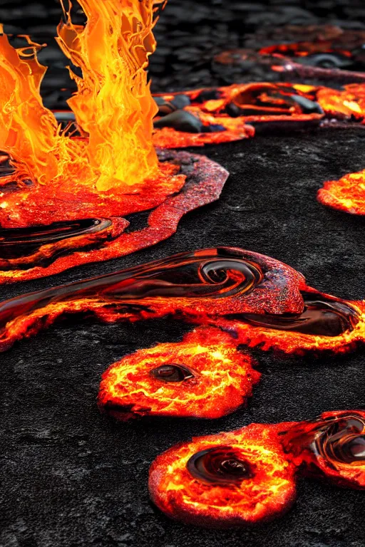Prompt: A single elemental firestone burning hot and covered in flowing fluid art. Set aflame. Ruby Stone. Liquid Gold. Lava. Crystal structure. Hexagon Shapes. Glowing Hot. Snail Shell. Melting. Intricate. Hyper Real. 4K. Octane Render. Empty Background. Black Background.