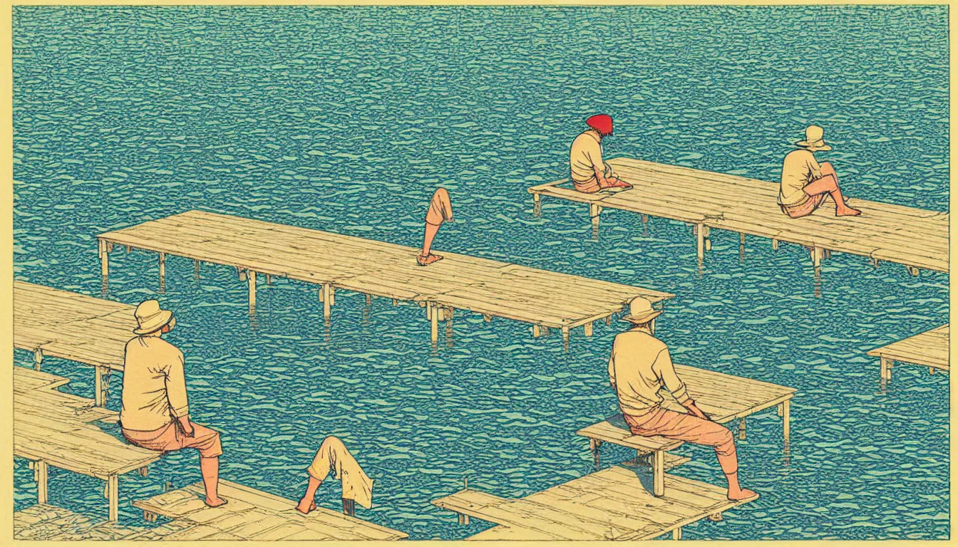 Prompt: sitting at the end of the dock by woodblock print, moebius