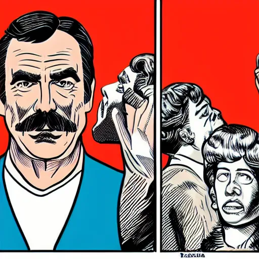 Prompt: tom selleck portrait illustrated by dan clowes