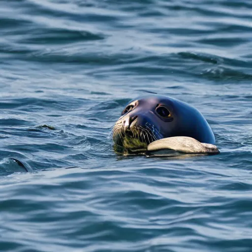 Image similar to a seal swimming at the surface of water with a seagull standing on its back