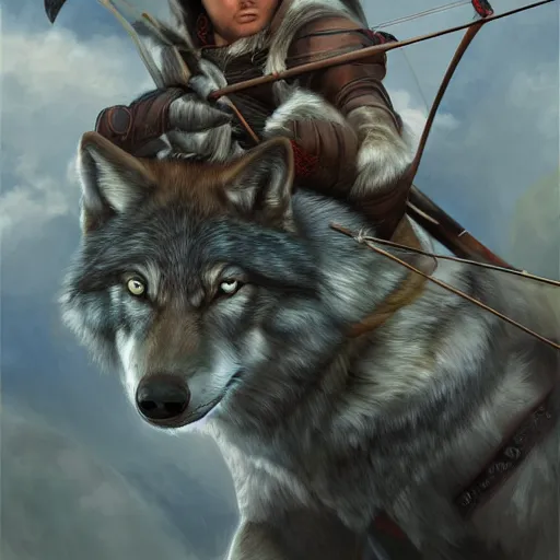 Image similar to A Wolf Archer, digital art, award winning, artstation, masterpiece, very detailed, oil painting