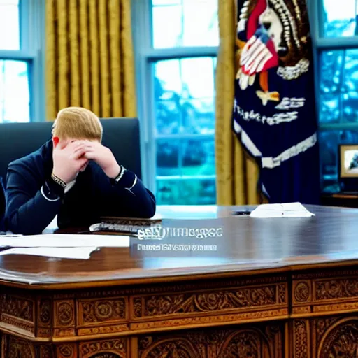 Image similar to professional photograph of yung lean sitting in the oval office desk speaking to a news reporter at night time, 8 k, very detailed, very intricate,