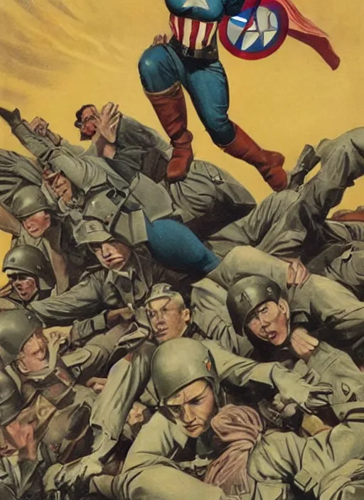 Prompt: beautiful female captain america standing on a pile of defeated german soldiers. feminist captain america wins wwii. boot on hitler's head. american wwii propaganda poster by james gurney