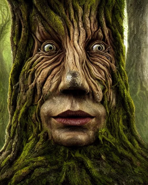 Prompt: a talking oak tree, a face in the bark, nose made of wood, eyes in the bark, fantasy concept art, leaves and moss, digital painting, oil painting, hyperrealistic, beautiful, treebeard, ent, highly detailed, soft lighting, golden sunlight, very detailed eyes, artstation, cgsociety, in the forest, by alan lee, by artgerm