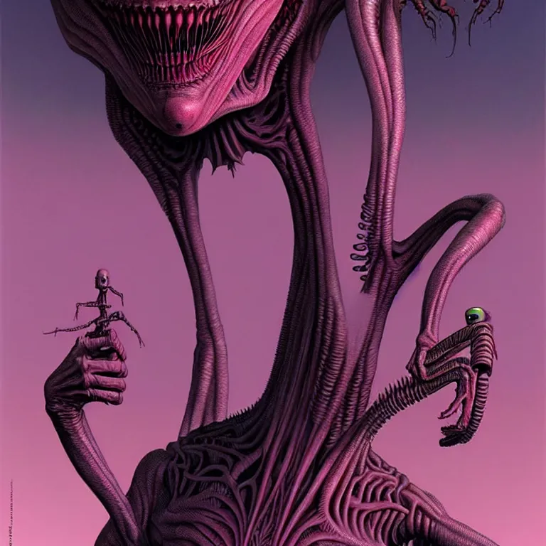 Prompt: a terriyfying alien designed by wayne barlowe and jim burns, animated by pixar