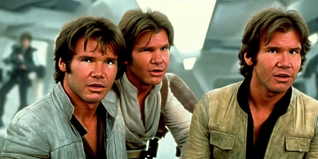 Image similar to A full color still of Harrison Ford as Han Solo talking to Mark Hamill as Jedi Master Luke Skywalker in a Star Wars Sequel, 1990, Directed by Steven Spielberg, 35mm