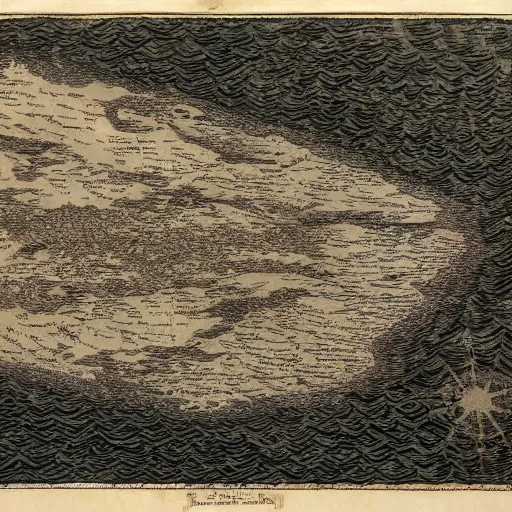 Prompt: birdseye view of large island in the middle of the ocean, 1 5 0 0 s cartographer map showing trees and rocks and dangerous waters on parchment paper in black ink, historical document