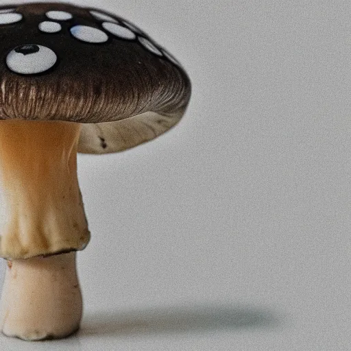 Image similar to macro photo with a mushroom character with cute eyes, drawn in detail