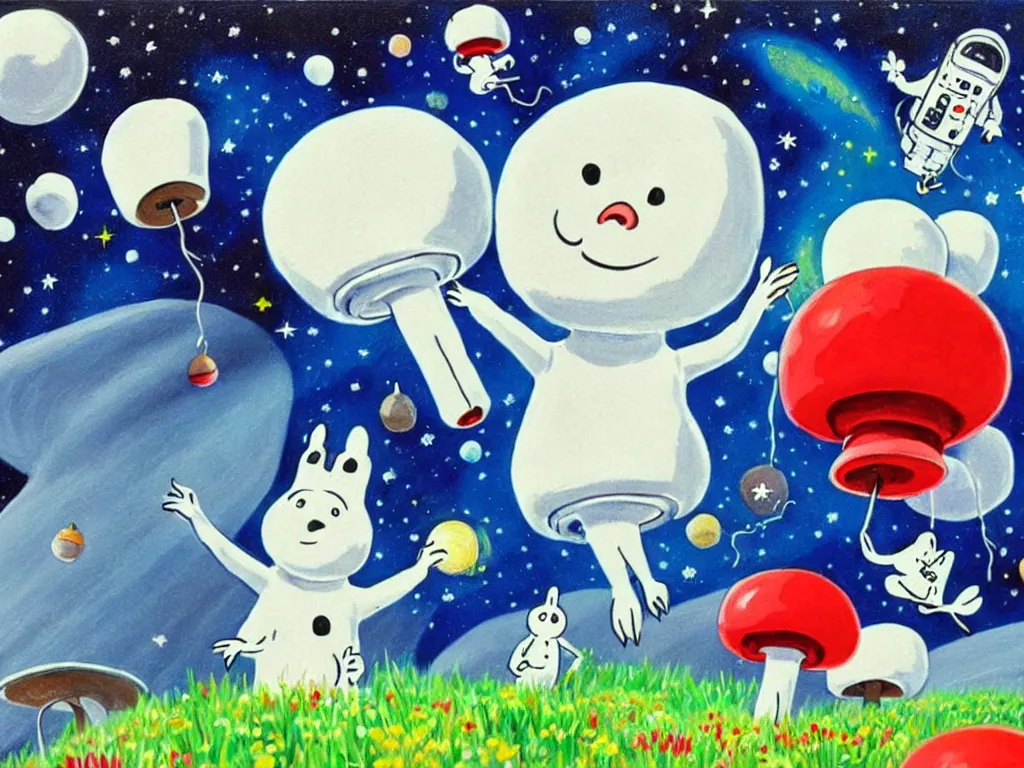 Image similar to moomins in space suits flying around with jetpacks discovering the mushroom planet, photorealistic painting