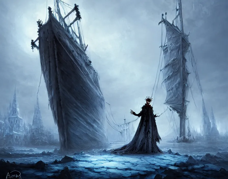 Image similar to a frozen zombie man with a crown, eyes are glowing, broken sailing ship boat in the background, is at dawn and bluish, fantasy, intricate, elegant, highly detailed, digital painting, artstation, concept art, matte, sharp focus, illustration, art by aenaluck and roberto ferri and greg rutkowski, epic fantasy, digital painting