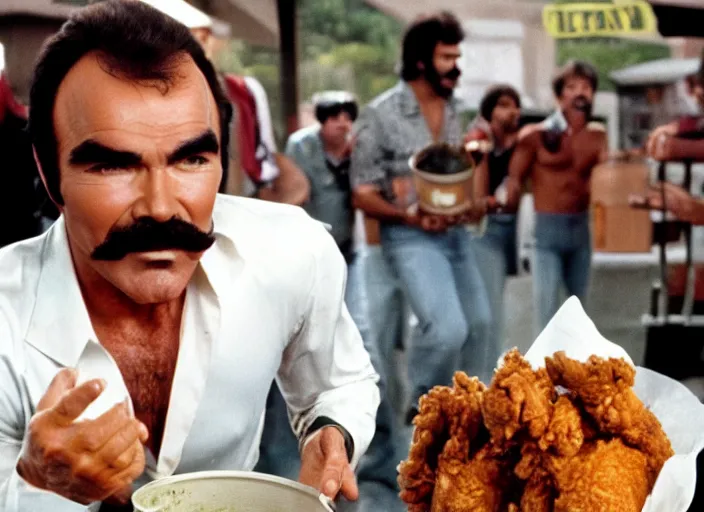 Image similar to film still of burt reynolds holding a bucket of fried chicken in cannonball run 1 9 8 2