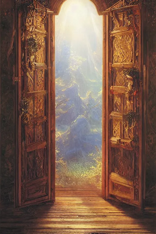 Image similar to large rustic intricately decorated wooden double door, metal handles, a view to a fantasy world, ethereal back light, mist, coherent composition, fantasy painting by noriyoshi ohrai, yuumei