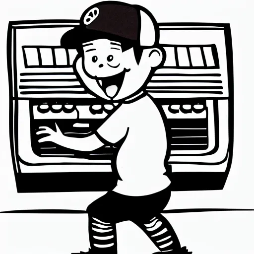 Prompt: cartoon line drawing illustration of a kid, wearing a backwards baseball cap, playing a Korg MS-20 synthesizer, in the style of The Beano, pen and ink, black and white, long shot, white background, graffiti marker