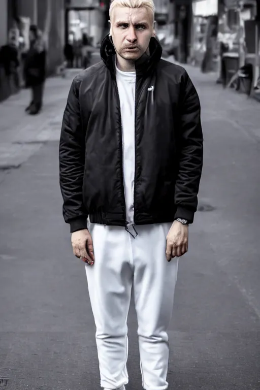 Prompt: extreme long shot. 35 years old blonde russian man in white adidas pants. black letaher jacket. white sneakers. hangover face. staying on the street. 4k, 8k, hyperrealistic, extreme hight detail, trending on artstation, masterpiece