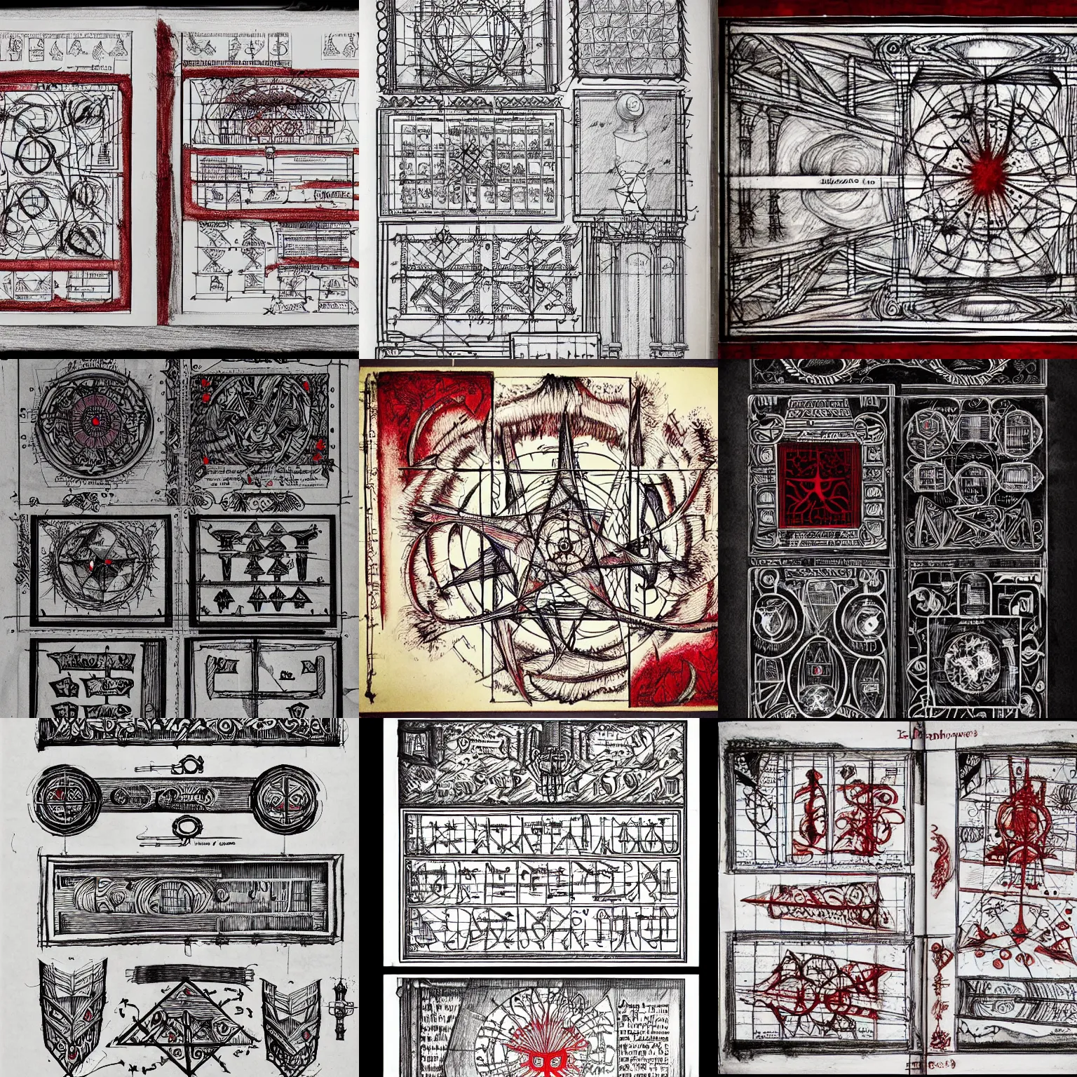 Prompt: schizophrenic hand drawn blueprint drawings of spells to summon the end of the world, red runes, blueprint red ink, calotype, lost grimoire, found papers, black paper, symmetry, RED writing, decay, full page writings, ornate borders + concept art, intricate writing, artstation, junji ito