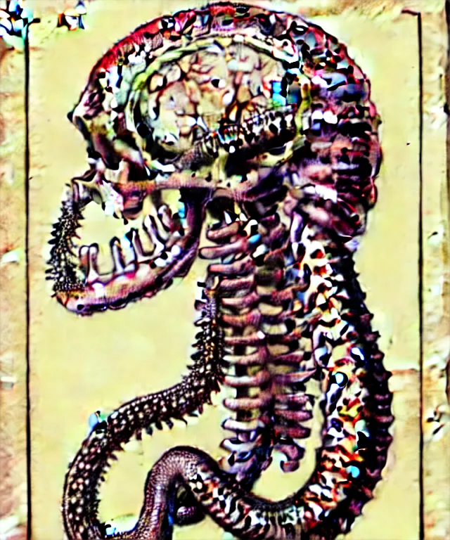Prompt: hyper-detailed antique color pencil vintage medical illustration of Kaiju head cross-section, nautilus brain, ribcage, xhenomorph, with tentacles coming out of open mouth and exposed jaw bone, spinal column, cerebral corpus callosum, interventricular foramen, symmetrical, on weathered parchment paper