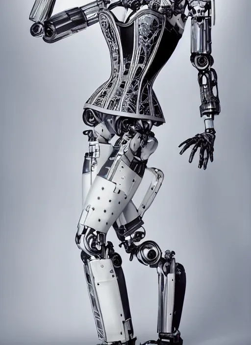 Prompt: beautiful female robot, wearing an intricate corset, burlesque, perfect features, anatomically correct, arms by her side, symmetrical facial features, sad expression, looking at the floor, elegant, futuristic, fantasy, artsy, digital art, background circuitry, cinematic, highly detailed, ultra realistic, lifelike,