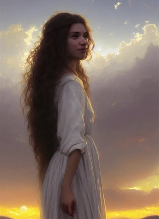 Image similar to oil painting portrait of a young woman with long dark flowing hair in a dress made of white flowers, dancing levitating floating over a field of flowers at sunset with mountains in the background, hazy, digital art, chiaroscuro, artstation, cinematic, golden hour, digital art painting by greg rutkowski, bouguereau, japanese scifi, hazy atmosphere, flowers, cinematic lighting