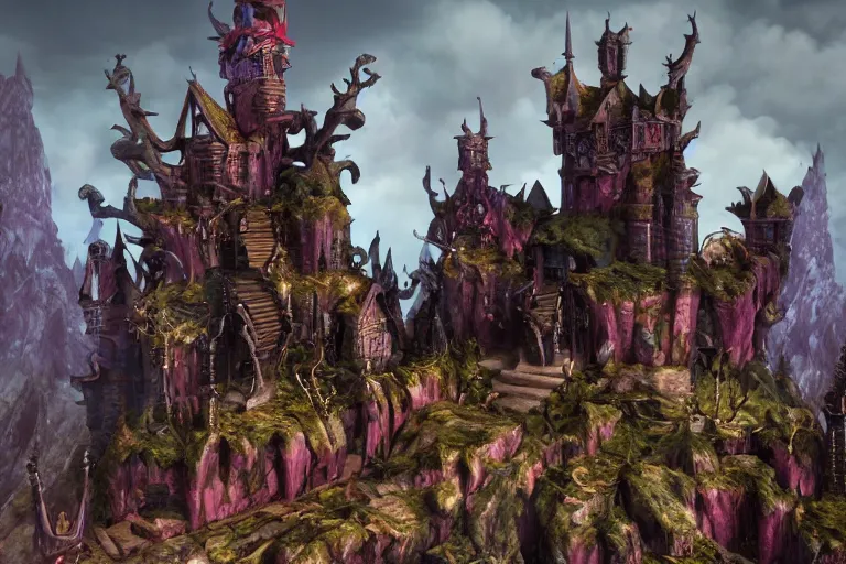 Image similar to big evil fairy castle - city rock dark shadow elves, might and magic heroes 7, dark fantasy, shadows, artstation trending, unreal engine 5, red