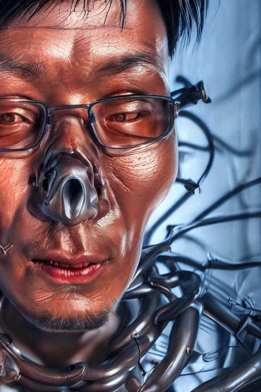 Image similar to hyperrealistic close-up graffiti! exoskeleton!! chinese man highly detailed concept art eric zener elson peter cinematic hard orange lighting high angle hd 8k sharp shallow depth of field