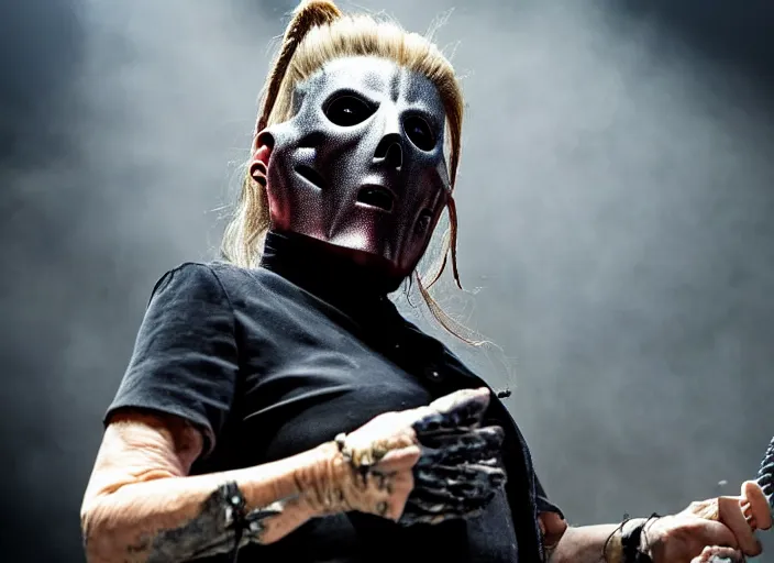 Image similar to publicity photo still of martha stewart in slipknot playing live on stage, 8 k, live concert lighting, mid shot