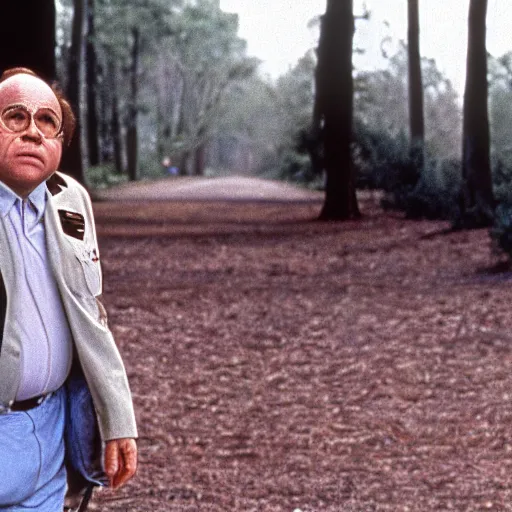 Image similar to A movie still of Danny Devito as Forrest Gump in Forrest Gump (1994)