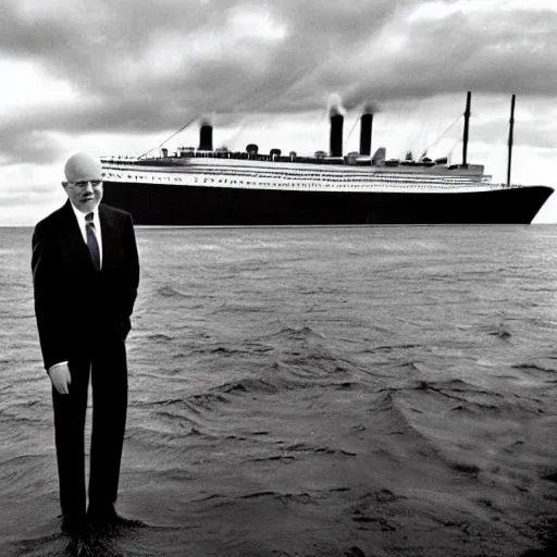 Prompt: Klaus Schwab posing on front of Titanic, photography, deviantart, realistic,