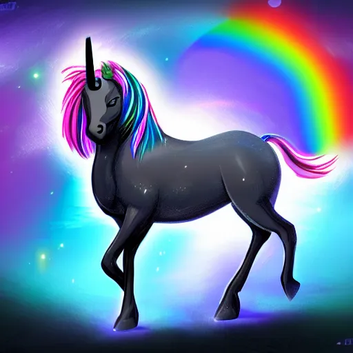 Prompt: digital illustion of a black unicorn with rainbow aura, deviantArt, artstation, artstation hq, hd, 4k resolution