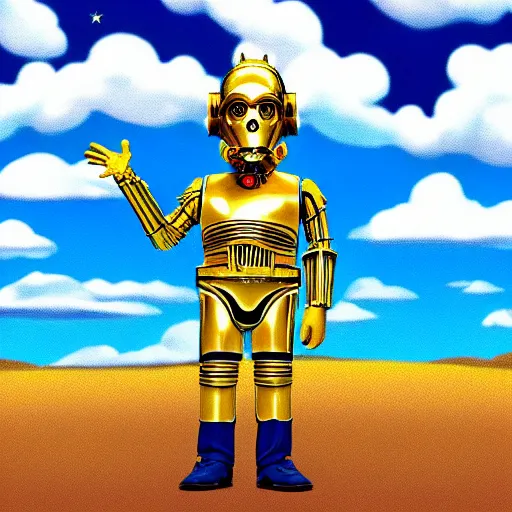 Image similar to full body portrait of Simpson as C3PO in star wars, background blue sky puffy clouds cinematic 4k