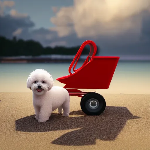 Image similar to a photorealistic photograph of a smiling white Bichon Frisé puppy pulling a little red wagon that is overflowing with french fries during sunset at the beach Trending on Artstation, featured on Behance, well-rendered, Unreal Engine, 4K HD