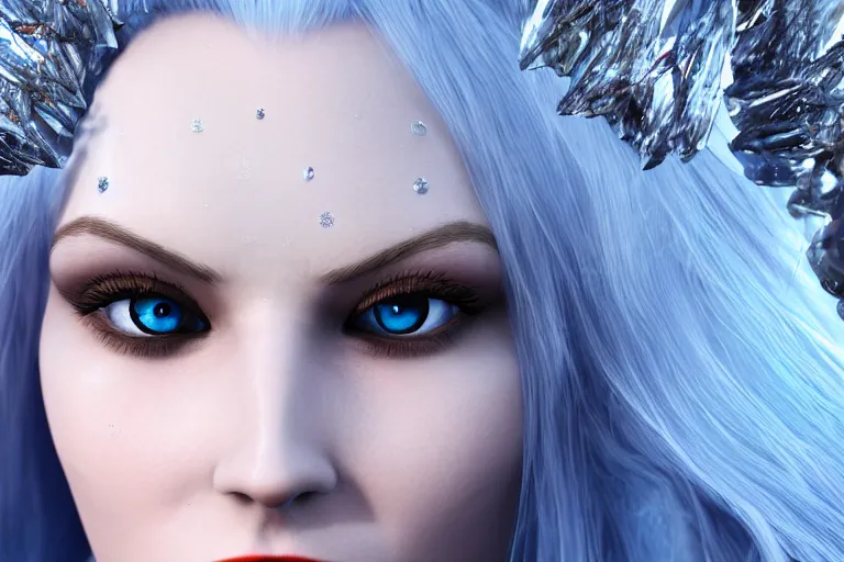 Image similar to Photorealistic render of Malevolent Ice Queen with round ice crystals on forehead in the style of Artstation, 4k Unreal Engine, reflective