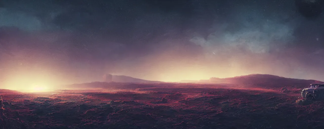 Image similar to ” barren landscape at night, [ cosmic, cinematic, detailed, epic, widescreen, opening, establishing, mattepainting, photorealistic, realistic textures, octane render, art by wlop and paul lehr ] ”