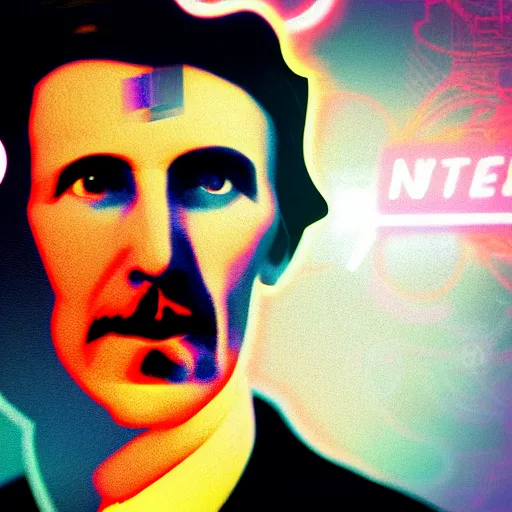 Image similar to nikola tesla in hoodie, portrait, vaporwave, synthwave, neon, vector graphics, cinematic, volumetric lighting, f 8 aperture, cinematic eastman 5 3 8 4 film, photorealistic