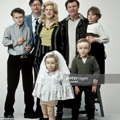 Prompt: a promotional photograph of the Flodder family of the dutch TV series Flodder (1993),