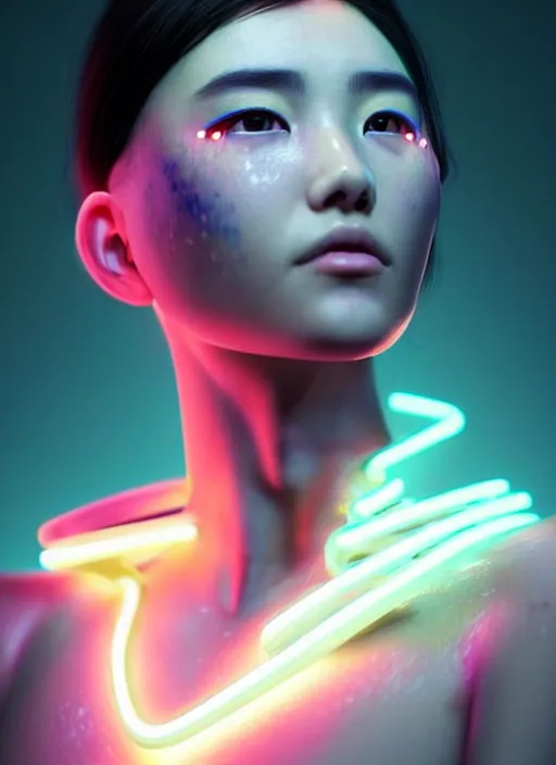 Image similar to photorealistic portrait of oriental female humanoid with freckle cheeks, cyber neon lightings, intricate, cyberpunk high fashion, elegant, crispy quality, digital photography, trending in artstation, trending in pinterest, glamor pose, no signature, no watermark, cinematic, octane render, art by artgerm, art by greg rutkowski, art by pascal blanche