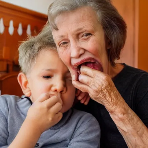 Prompt: grandmother eating her son