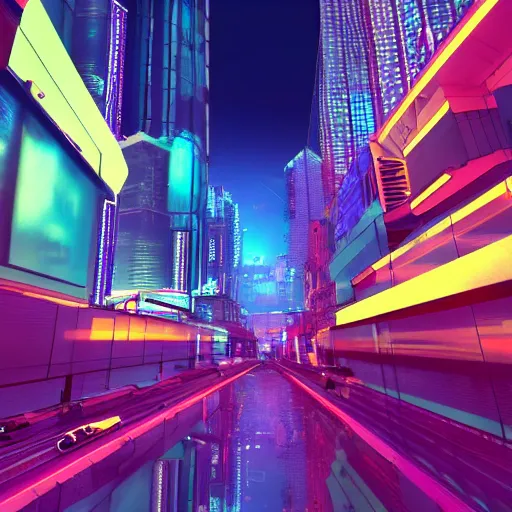 Image similar to cyberpunk dreamscape, tall buildings, neon lights, holographs, nighttime, first person pov, hyperrealistic, detailed