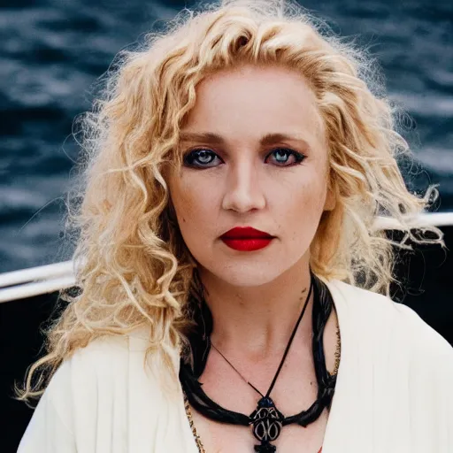 Image similar to a blonde woman in a black robe lying on the deck of a ship, a beautiful english woman with a long face narrow nose pale skin blue eyes red lips and wild messy tangles of curly white blonde hair, high resolution film still wearing a black robe and skull necklace, sandy, a journey to the west