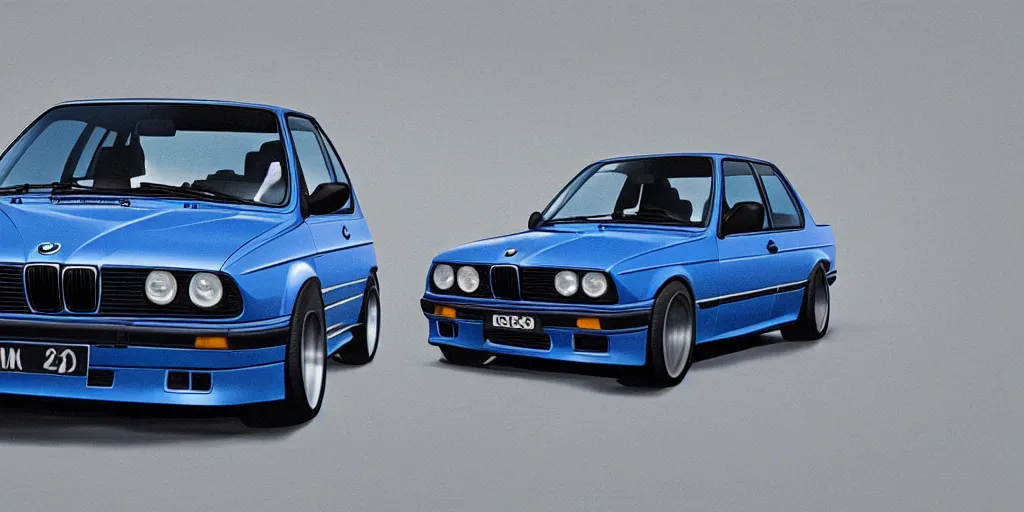 Image similar to bright dark blue BMW e30, hyper realism, depth of view 8k.